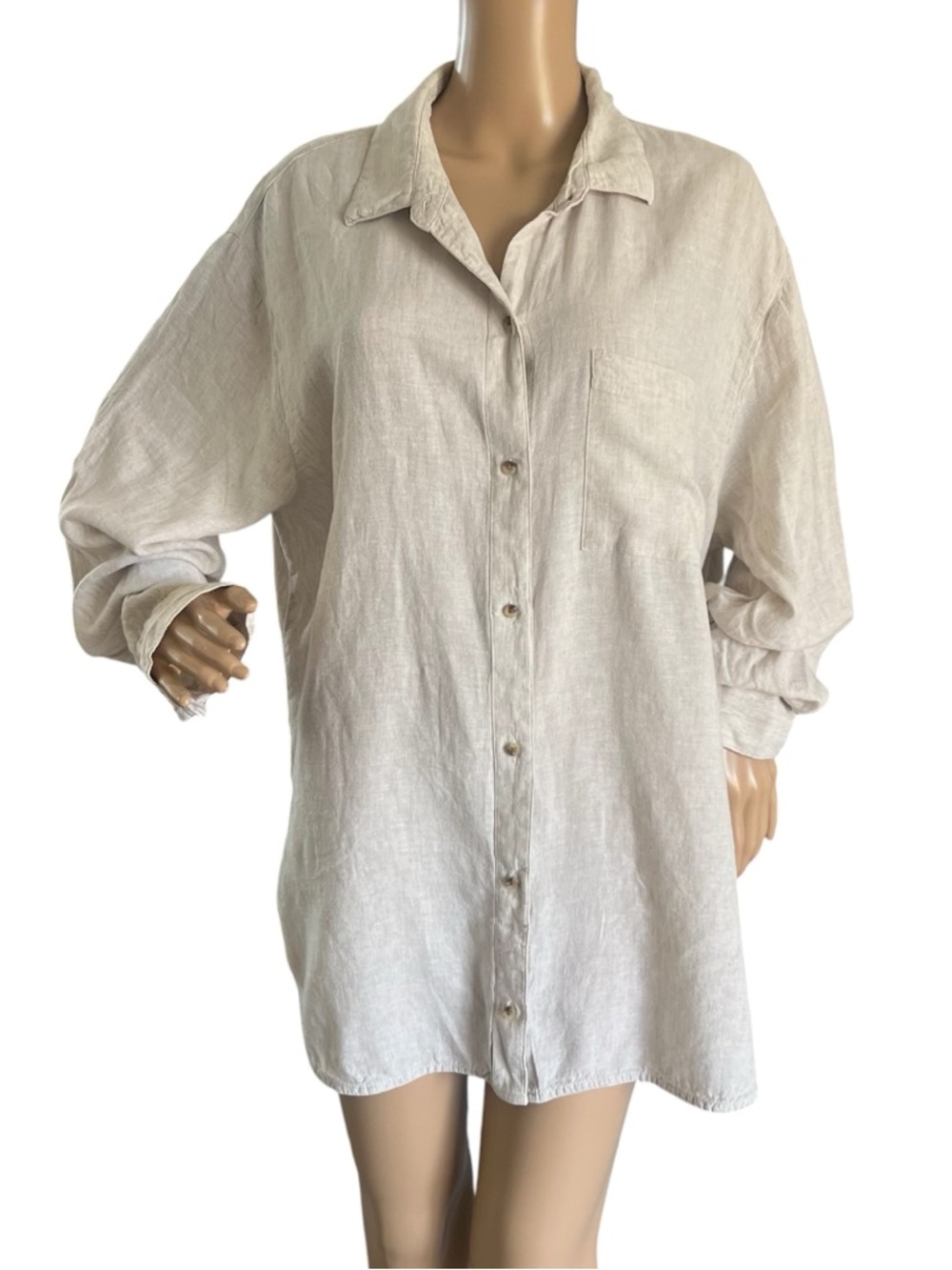 Old Navy Lightweight Button-Up Linen Tunic Shirt - Neutral Beige